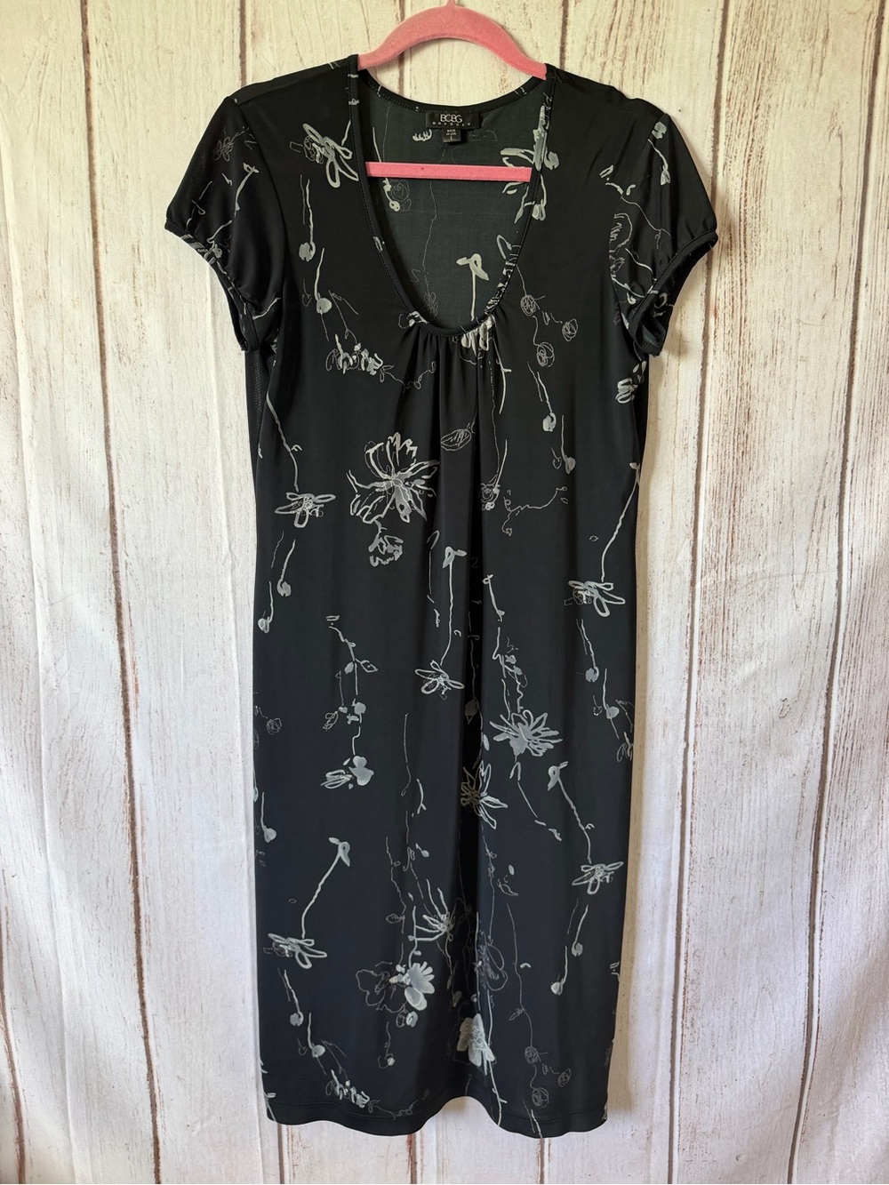 Vintage BCBG Dresses Semi Sheer Black Floral Print Short Sleeve Dress Size L Y2K